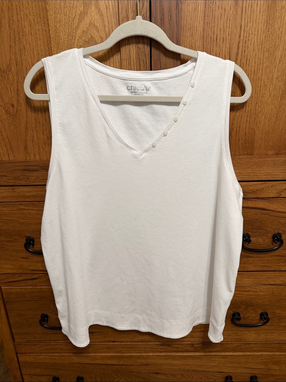 Chico's White V-Neck Sleeveless Tank with Button Trim